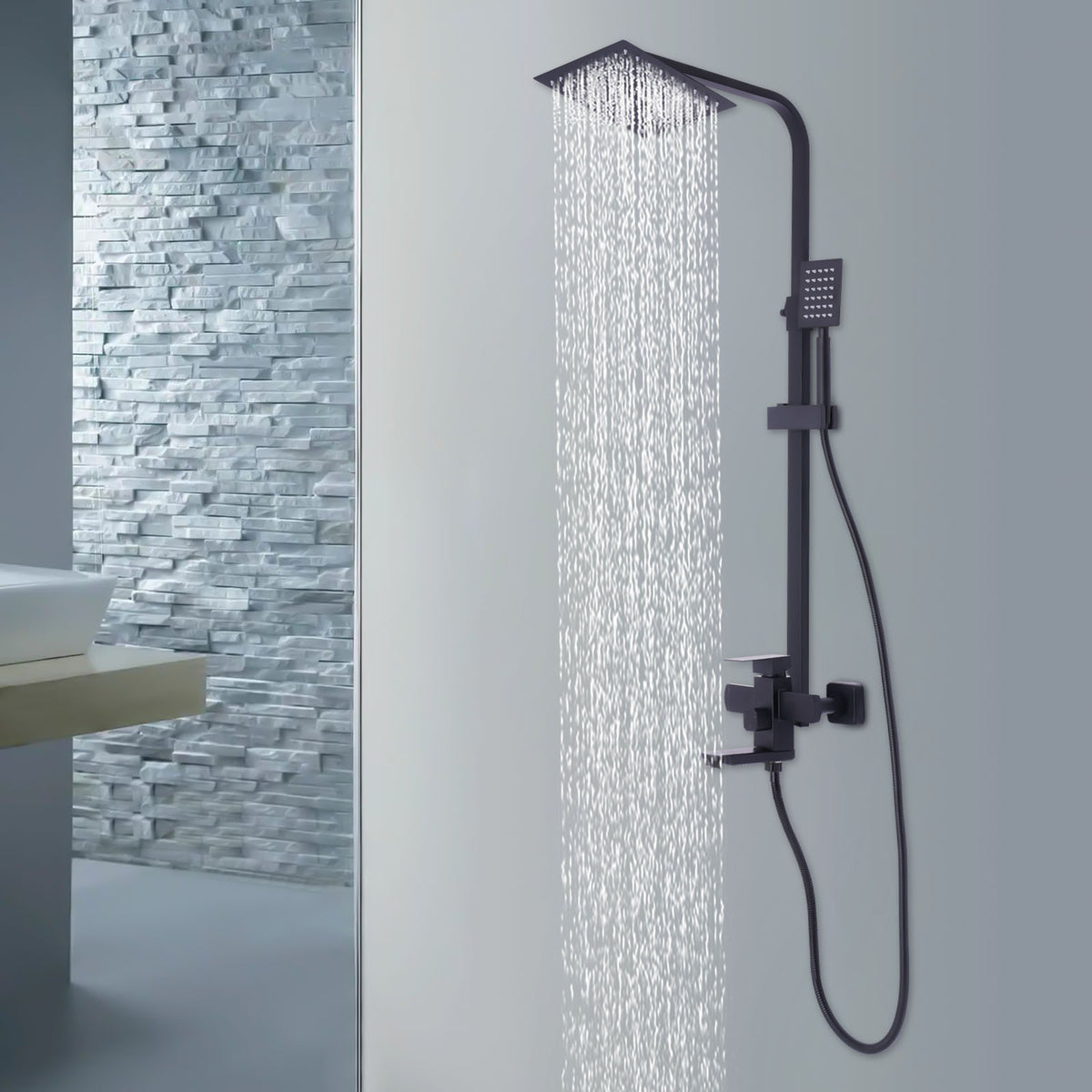 Colonne de douche noire carrée avec mitigeur et ciel de pluie — Noir
