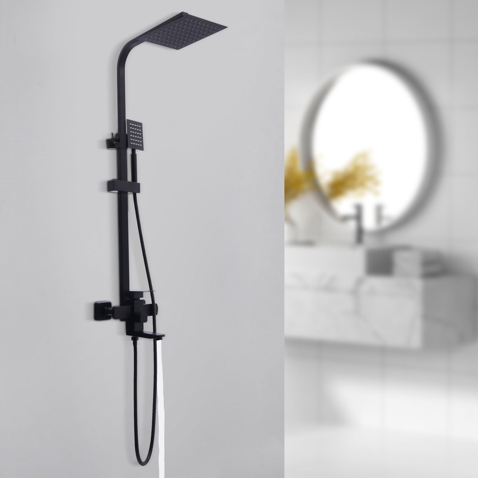Colonne de douche noire carrée avec mitigeur et ciel de pluie — vue 3