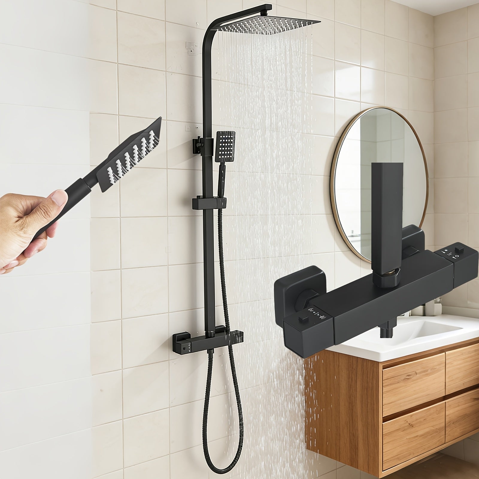 Colonne de douche noire thermostatique avec ciel de pluie 30 x 20 cm — vue 2