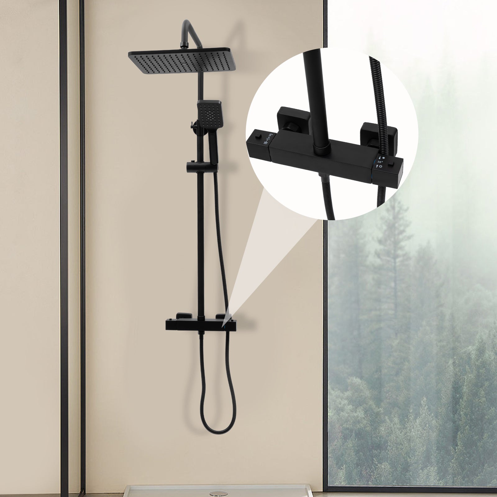 Colonne de douche noire thermostatique avec ciel de pluie carré 30 cm — vue 4