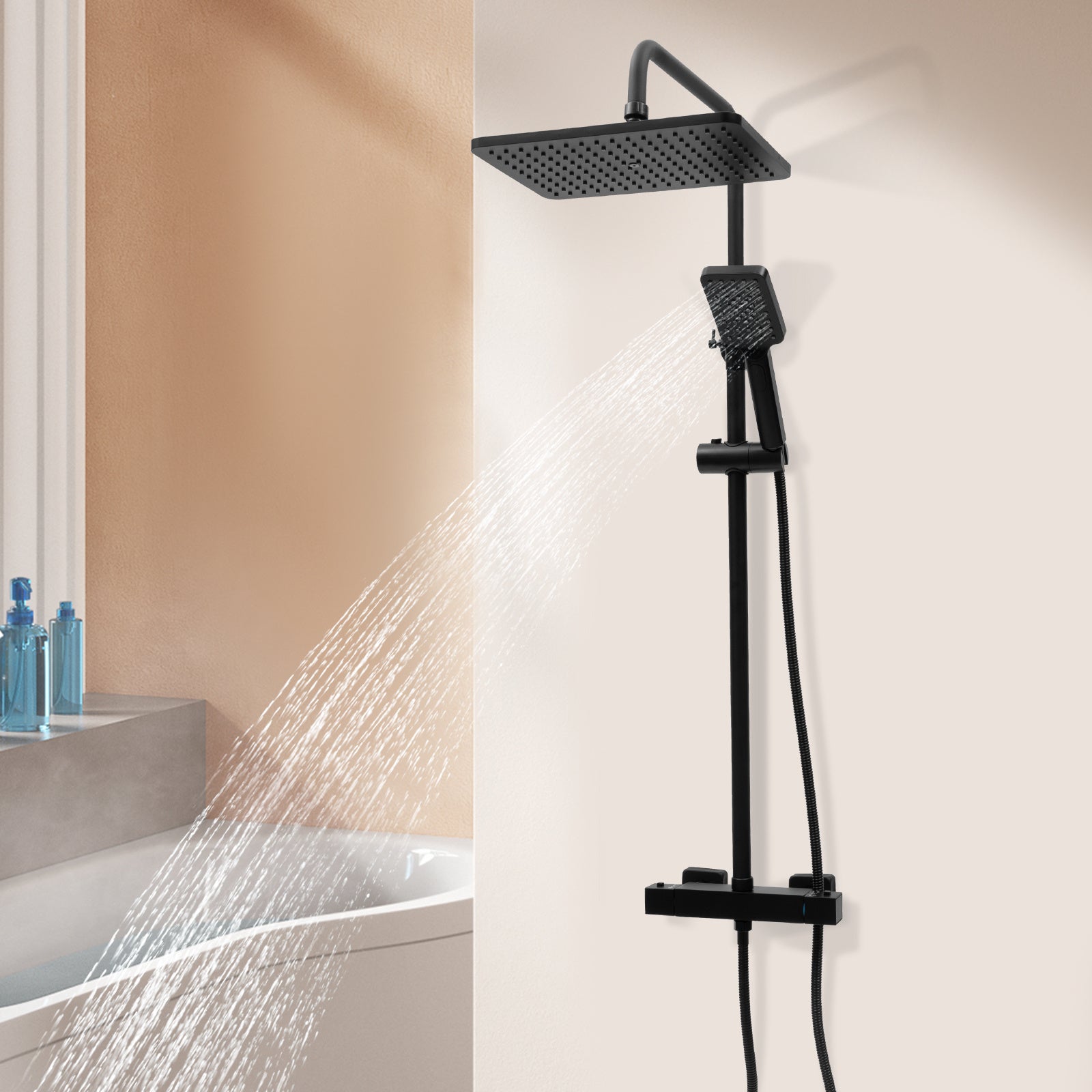 Colonne de douche noire thermostatique avec ciel de pluie carré 30 cm — vue 7