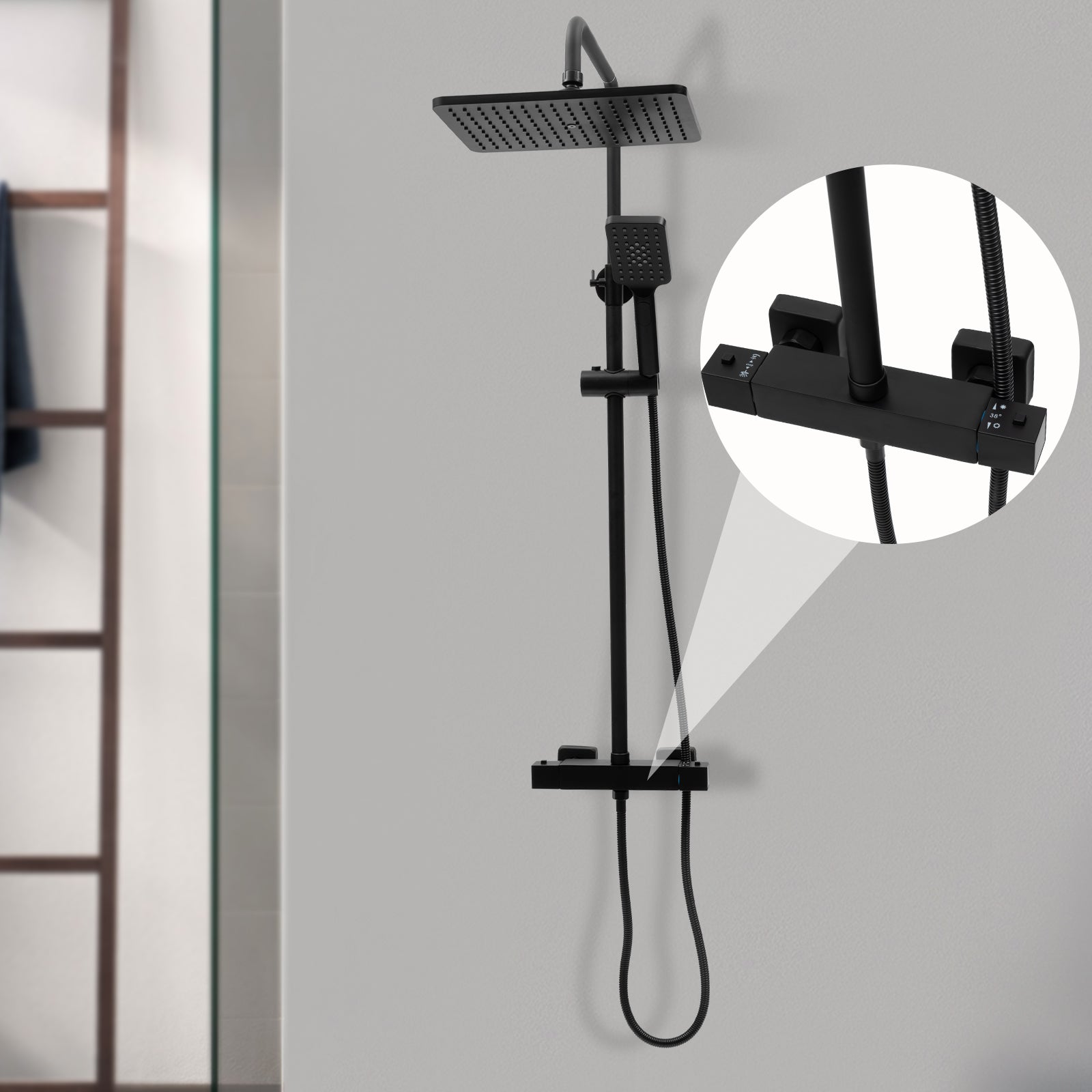 Colonne de douche noire thermostatique avec tablette de 27 cm