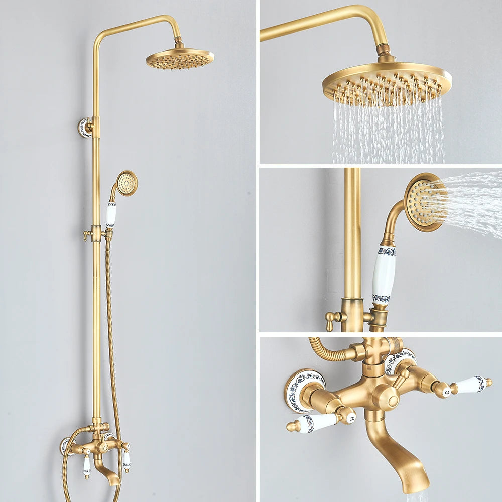 Colonne de douche rétro en laiton avec bec de baignoire et deux poignées
