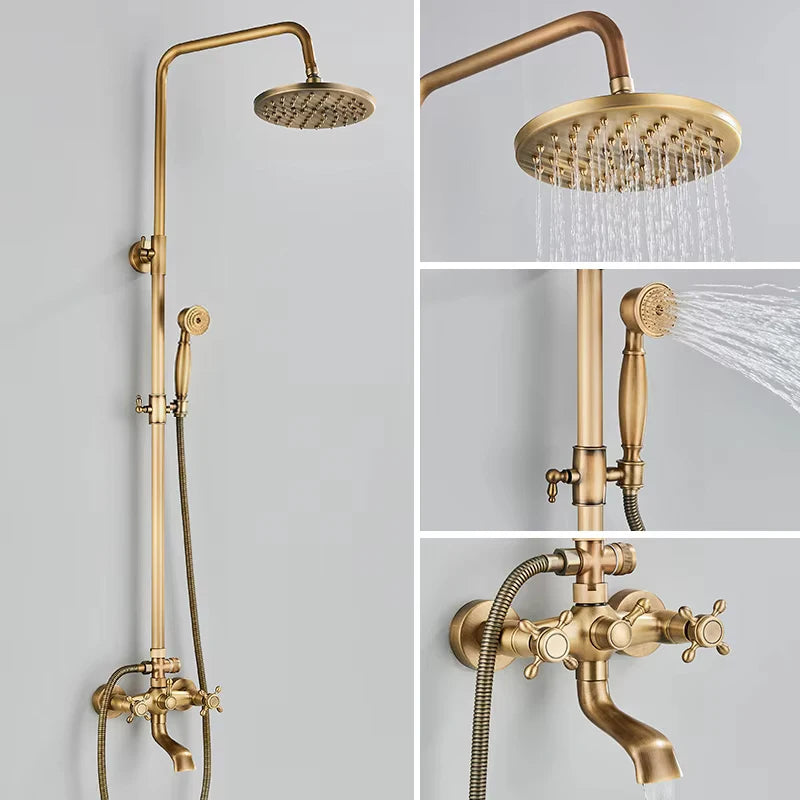 Colonne de douche rétro en laiton avec bec de baignoire et deux poignées — Poignées laiton
