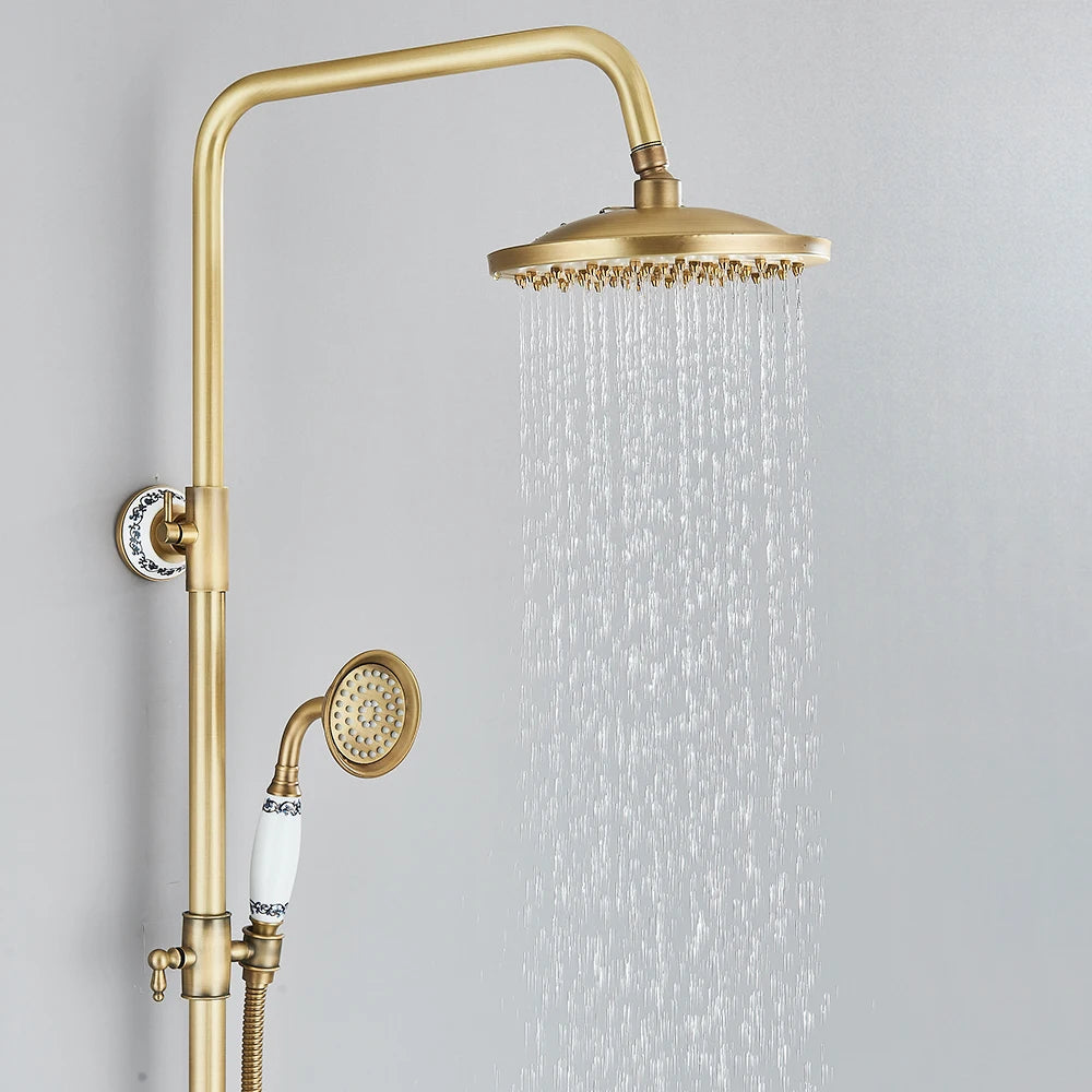 Colonne de douche rétro en laiton avec bec de baignoire et deux poignées — vue 8