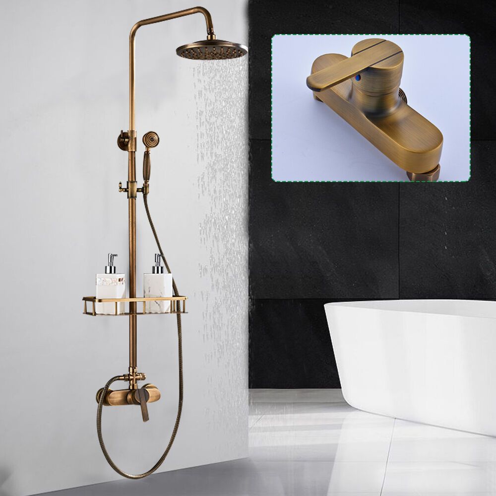 Colonne de douche rétro en laiton vieilli avec tablette et douchette — vue 2
