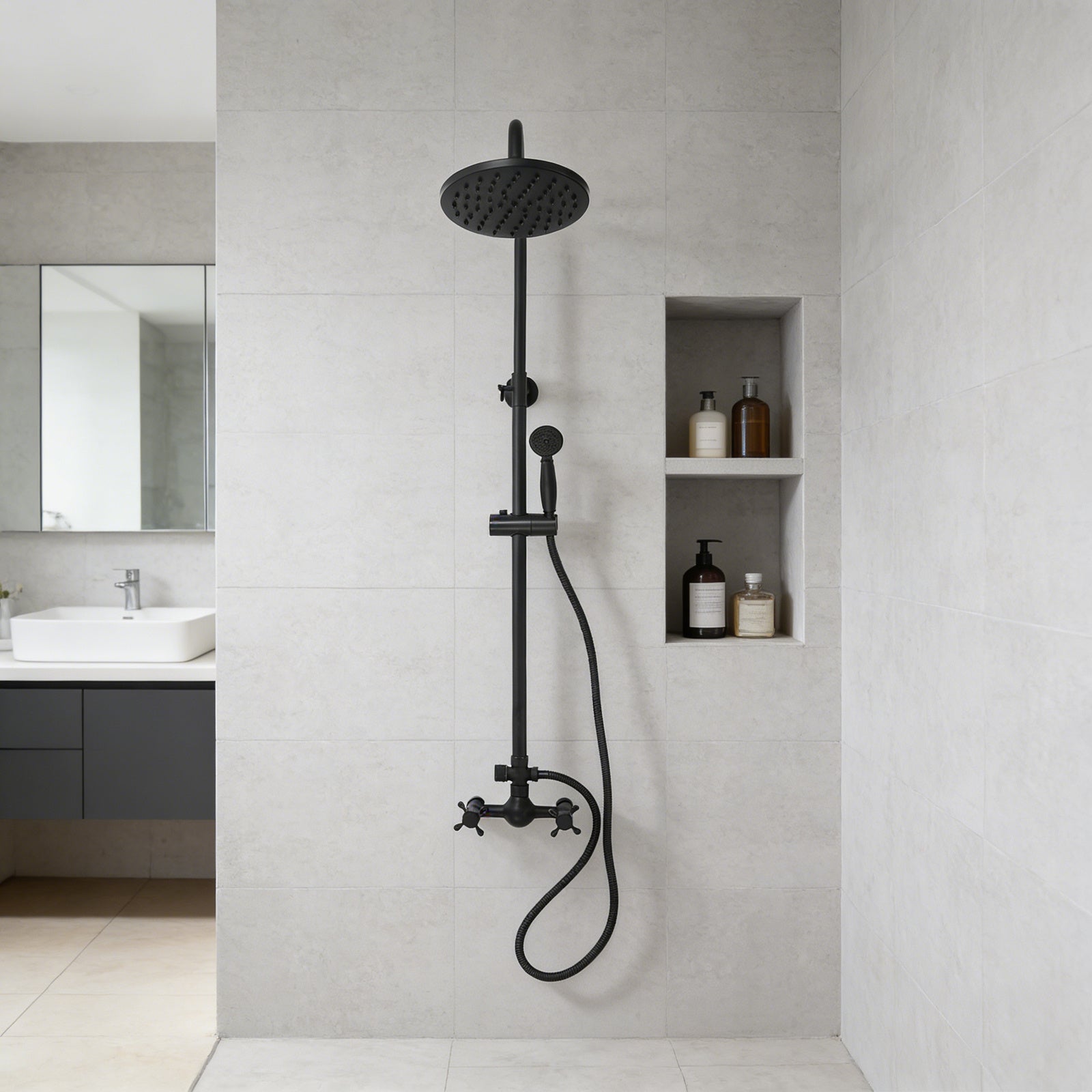 Colonne de douche rétro noire en laiton avec ciel de pluie 20 cm
