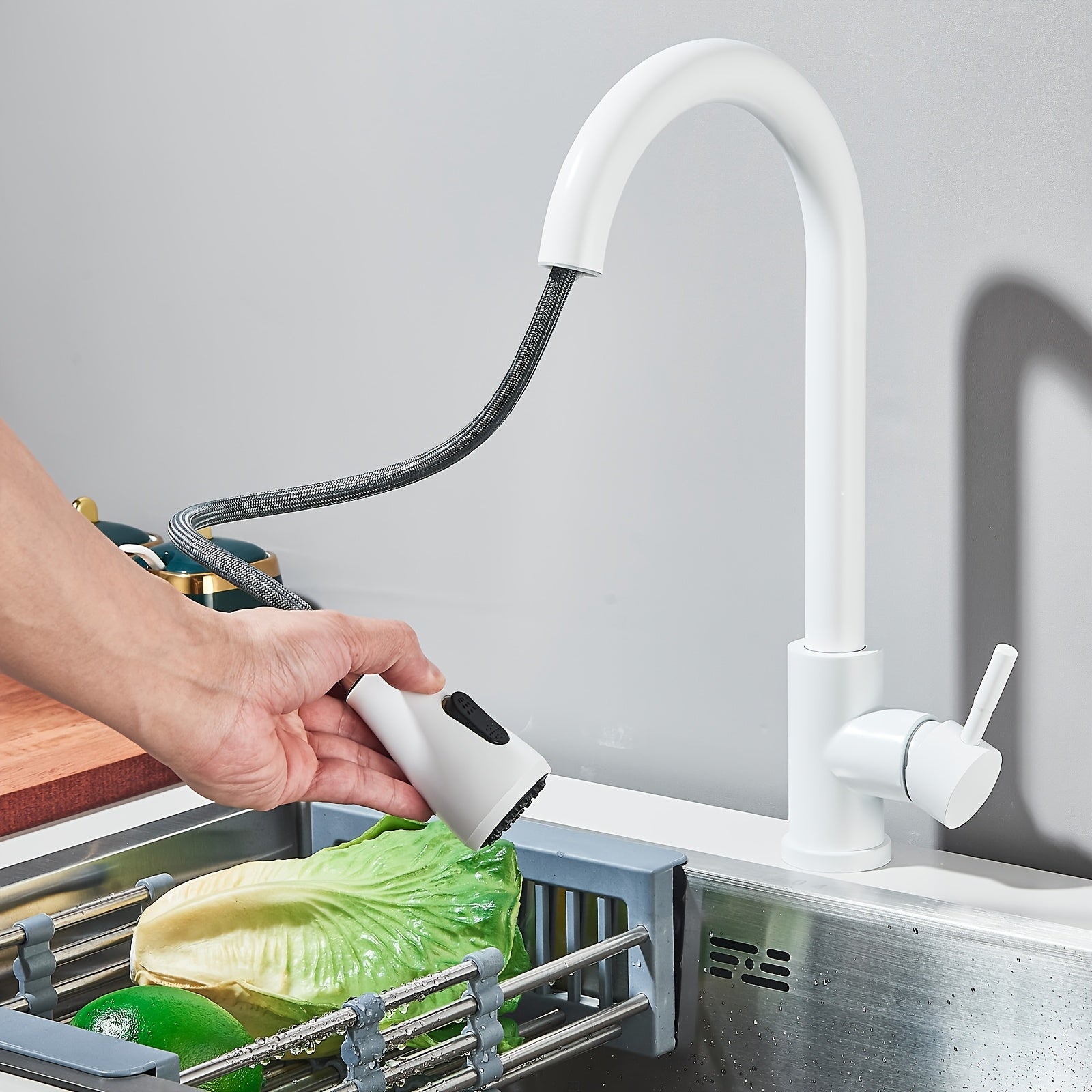 Mitigeur de cuisine à douchette extractible en acier inoxydable, raccord 3/8