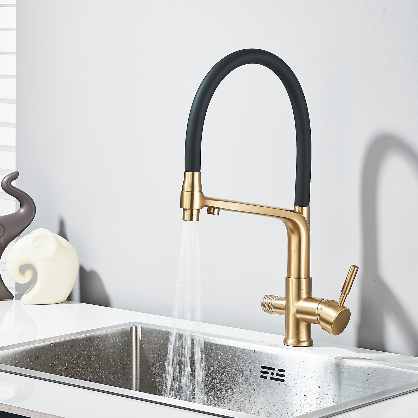 Robinet de cuisine à bec rotatif en acier inoxydable, raccord 3/8