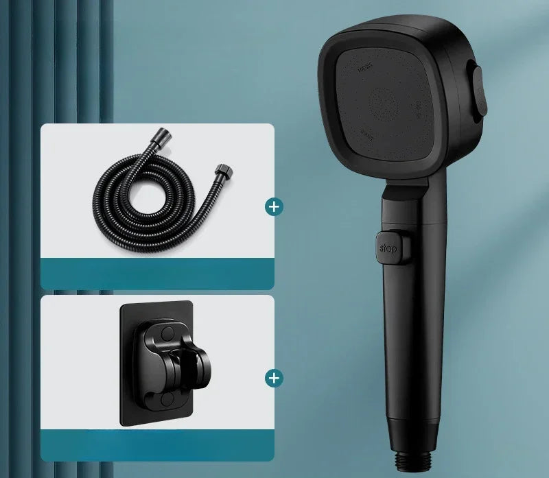 Douchette de douche 3 modes avec bouton d'arrêt et cartouche filtrante — Noire, avec flexible et support