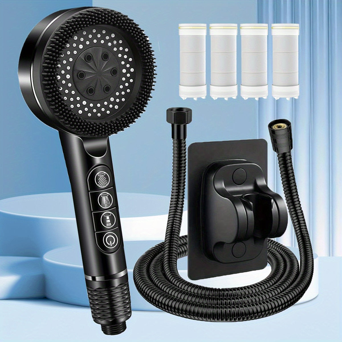 Douchette filtrante 4 modes avec brosse de massage et 4 cartouches — Noir