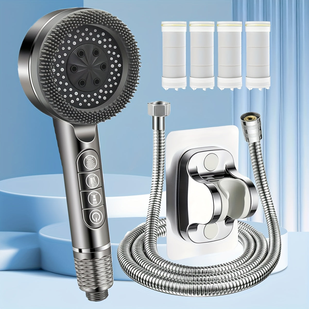 Douchette filtrante 4 modes avec brosse de massage et 4 cartouches — Gris