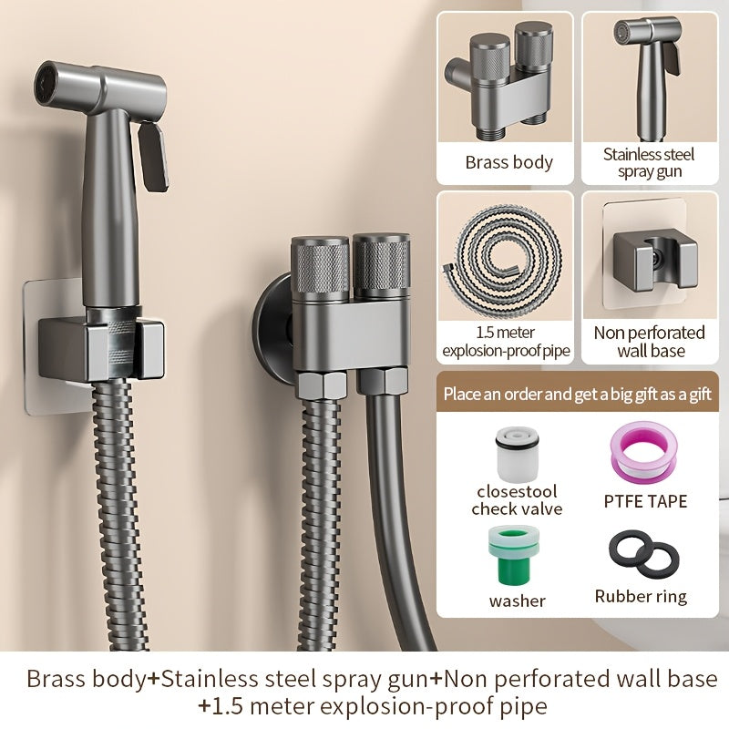Douchette hygiénique WC avec support sans perçage et flexible télescopique — Gris / Tube de 1,5 m