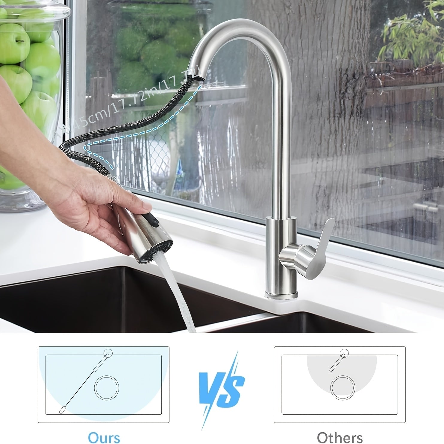 Robinet de cuisine à bec rotatif en acier inoxydable 304, raccord 3/8