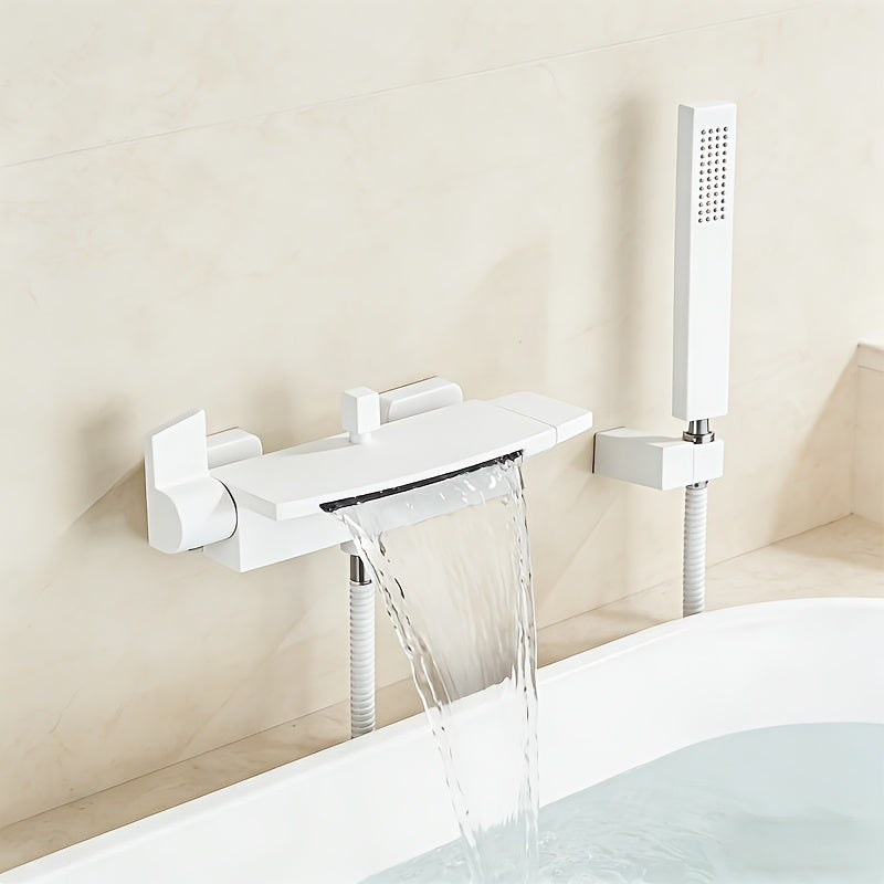 Mitigeur de baignoire mural cascade sur plaque avec douchette — Blanc