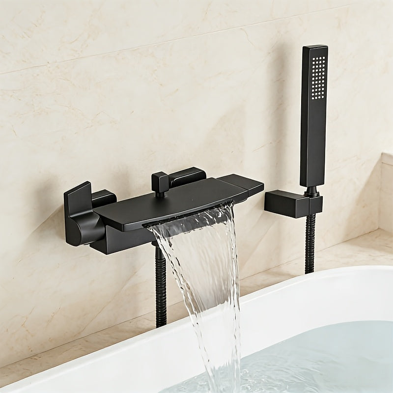 Mitigeur de baignoire mural cascade sur plaque avec douchette — Noir