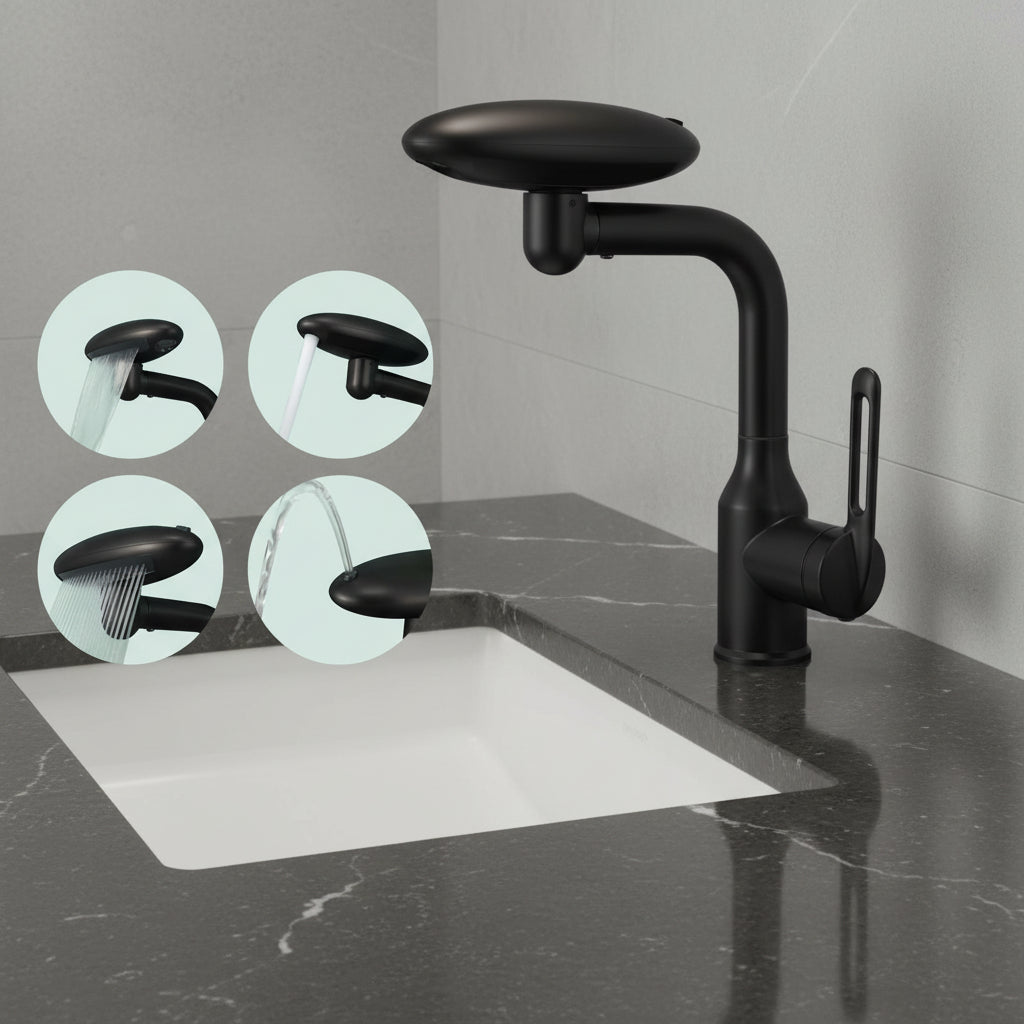 Mitigeur de lavabo à tête rotative et 4 modes de jet — Noir