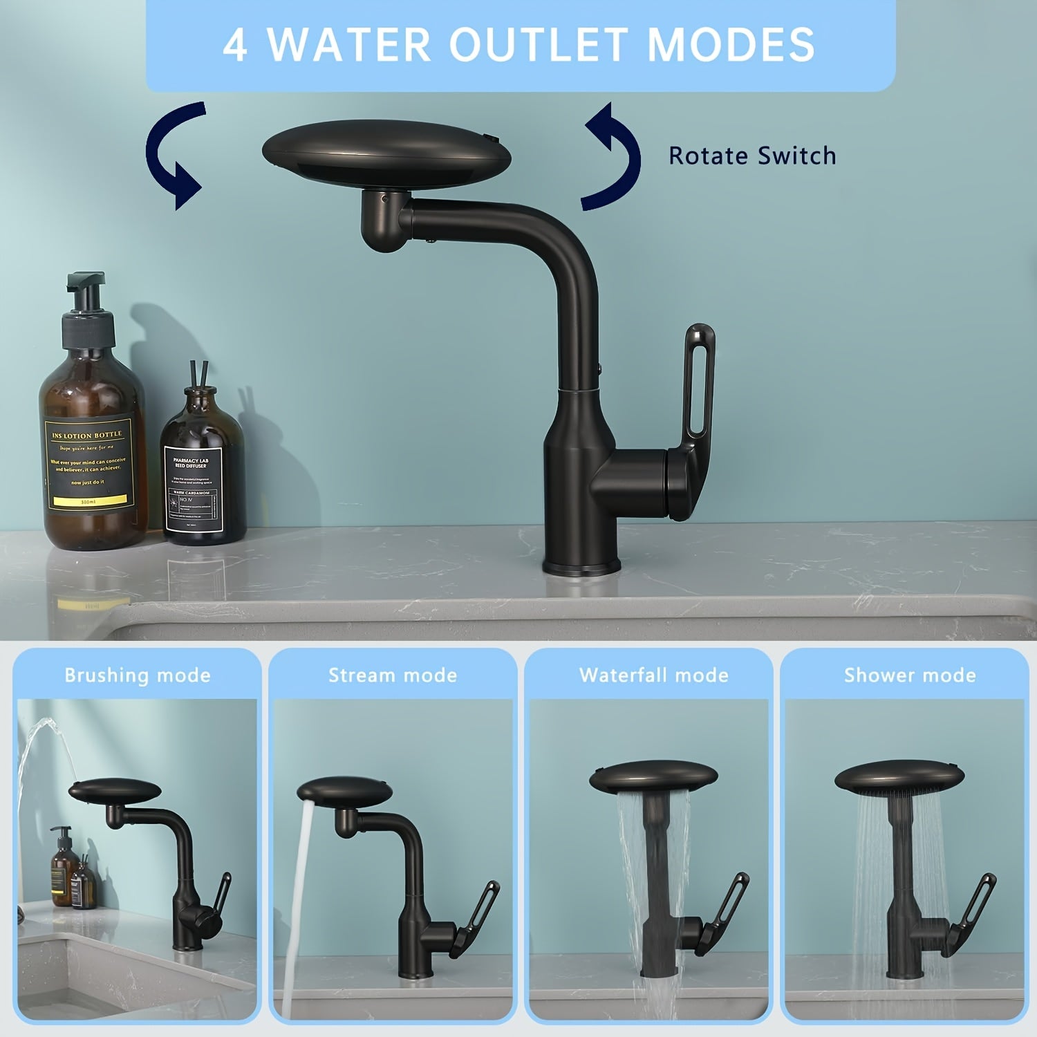 Mitigeur de lavabo à tête rotative et 4 modes de jet — vue 4