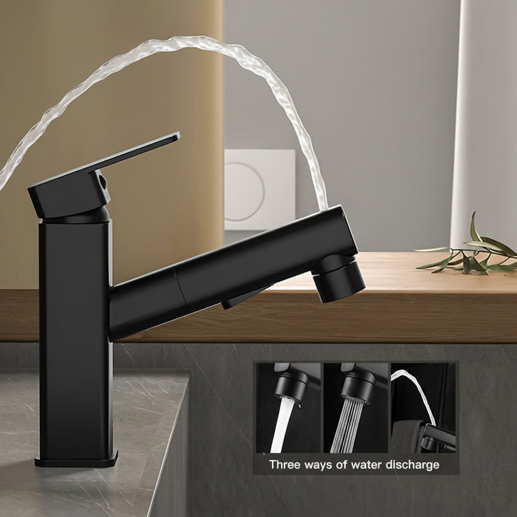Mitigeur de lavabo carré à bec extractible et trois jets — Noir