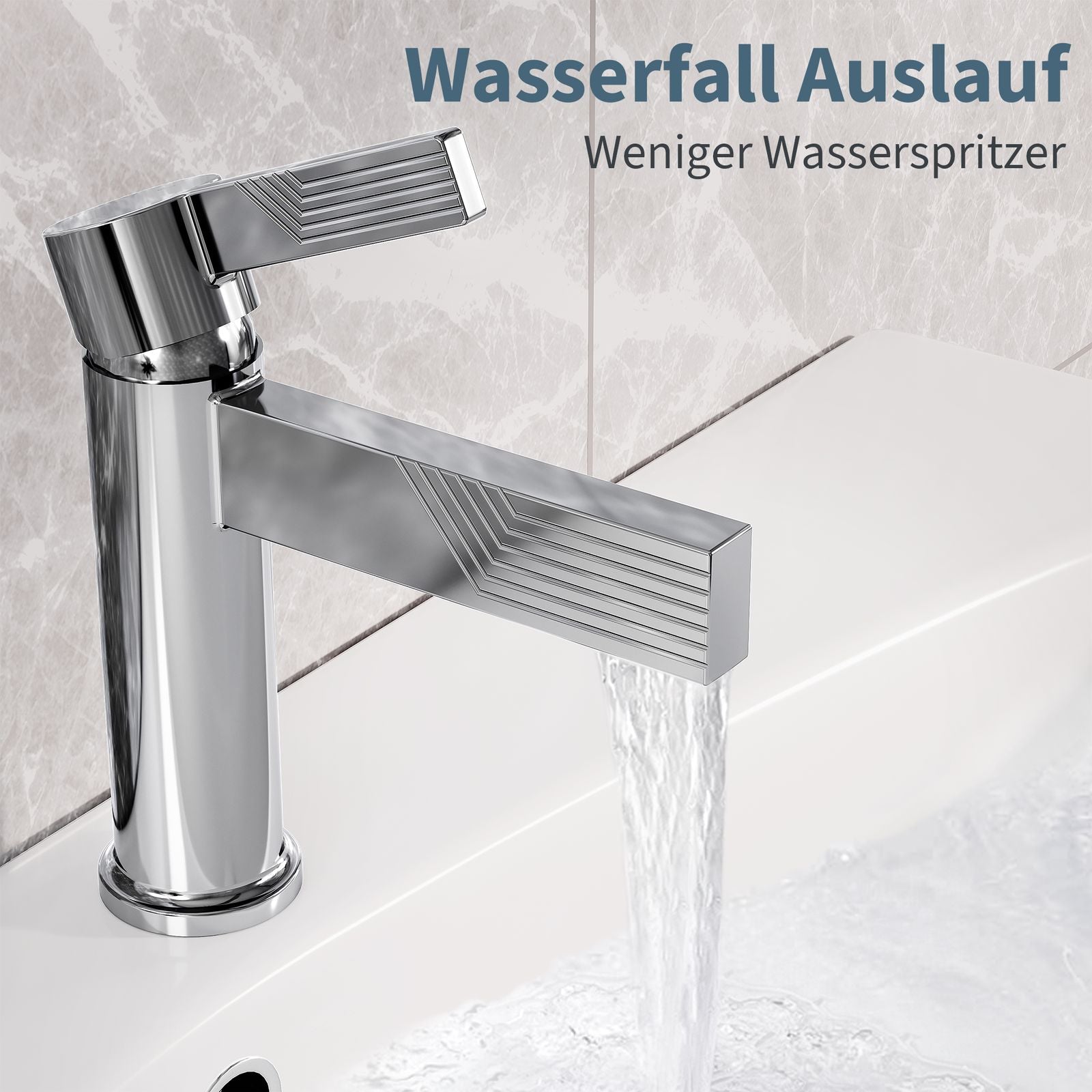 Mitigeur de lavabo chromé au bec cascade strié anti-traces — vue 3