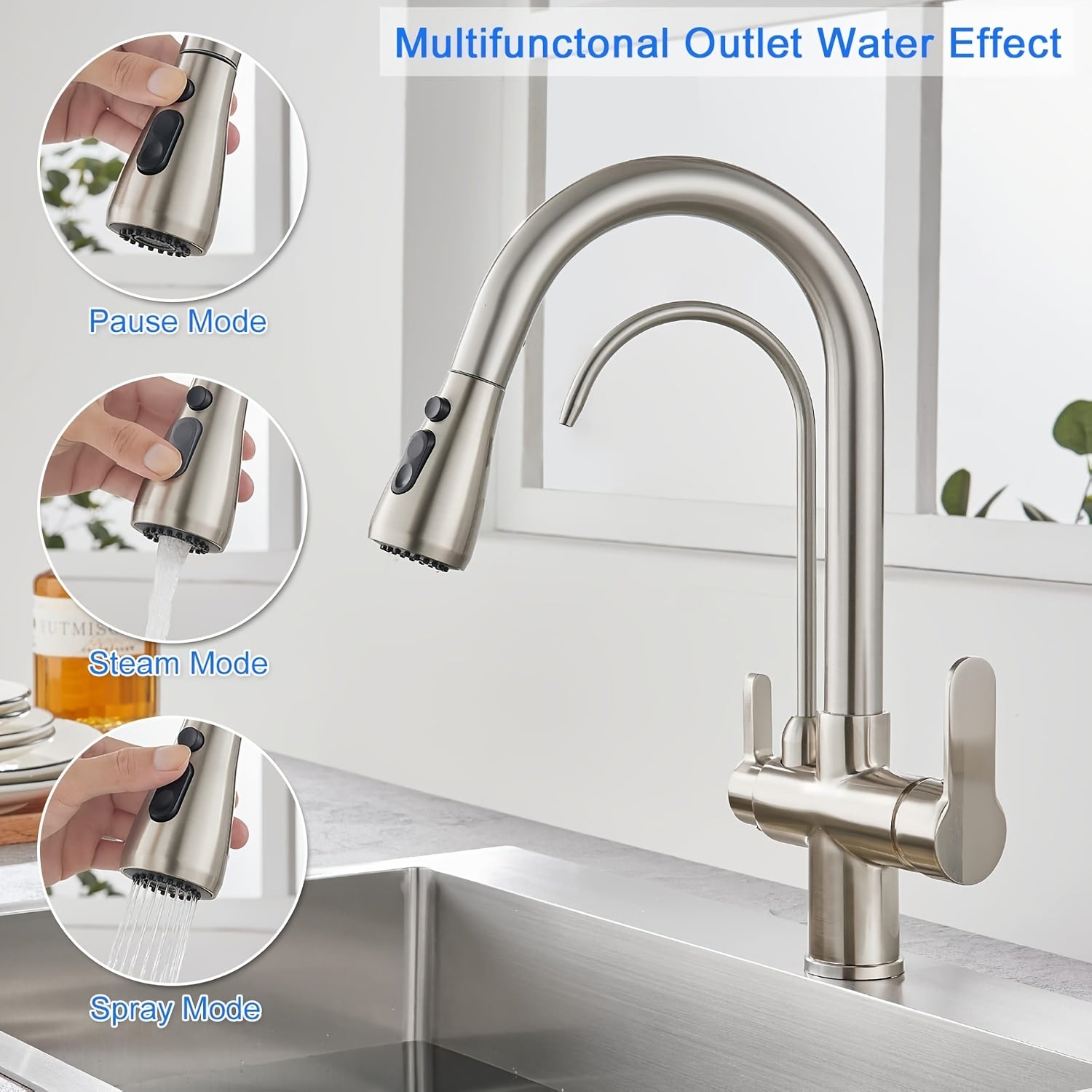 Robinet de cuisine 3 voies avec douchette extractible et sortie filtrée