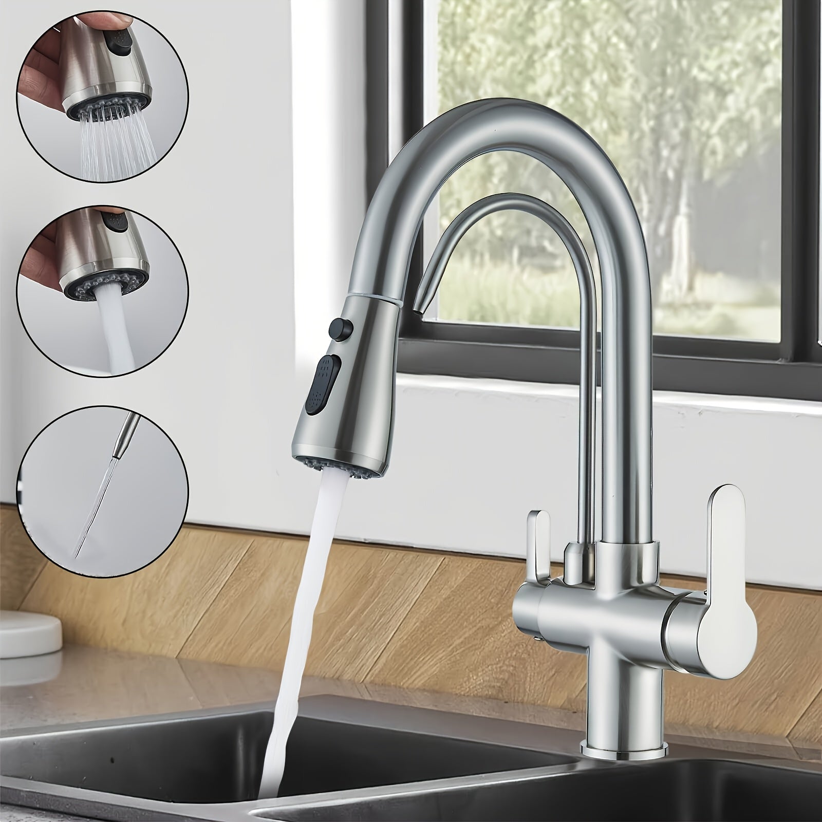 Robinet de cuisine 3 voies avec douchette extractible et sortie filtrée — vue 6