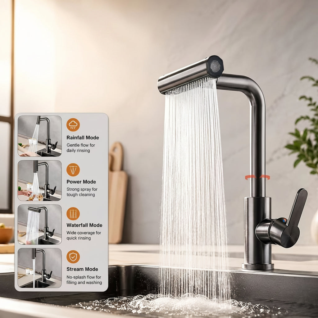 Robinet de cuisine à 4 modes de jet et rotation 360° — Gris