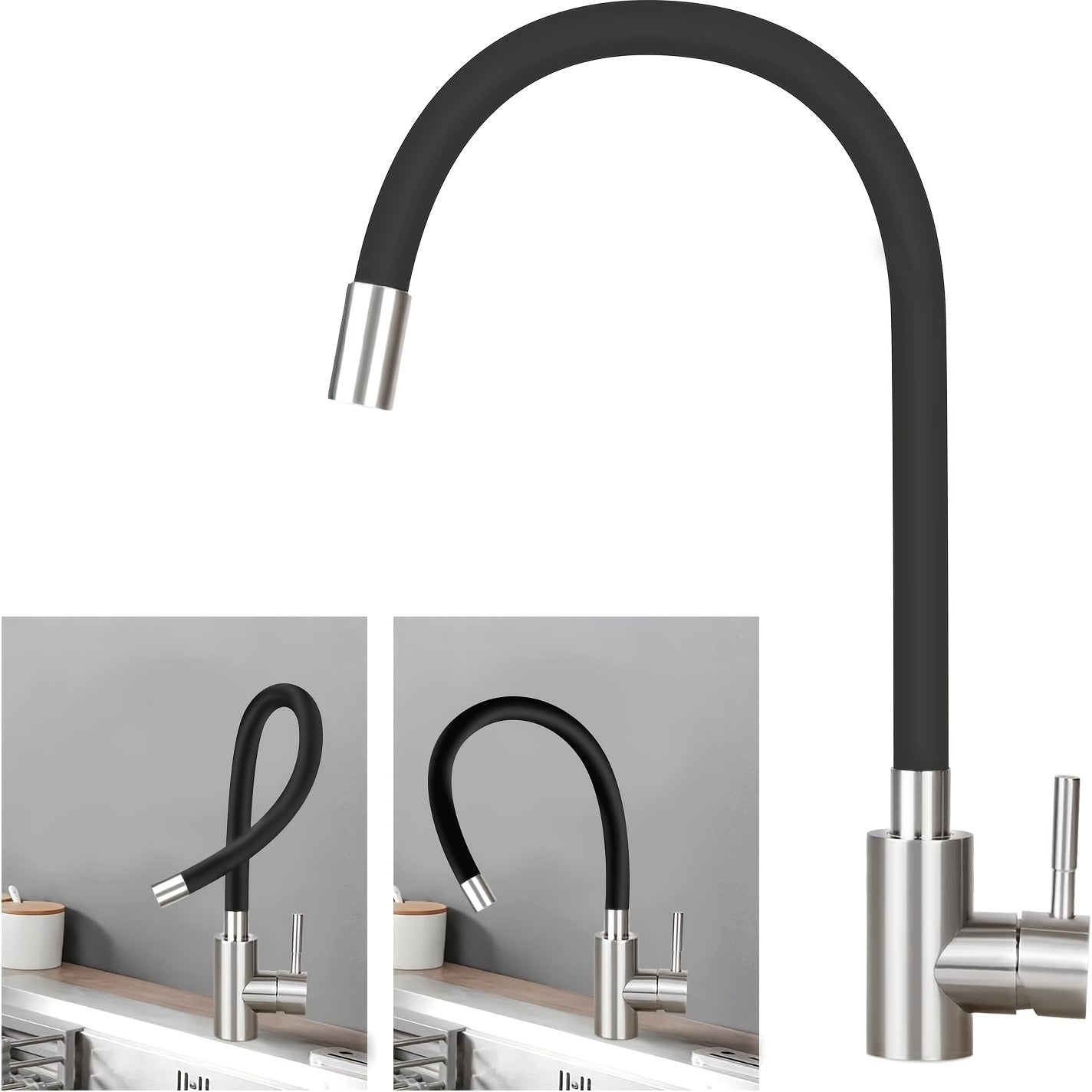 Robinet de cuisine à col souple noir et corps inox brossé — vue 8