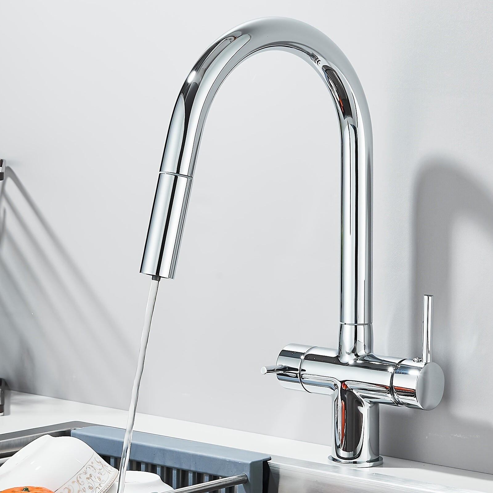 Robinet de cuisine à double commande avec douchette extractible — Chromé