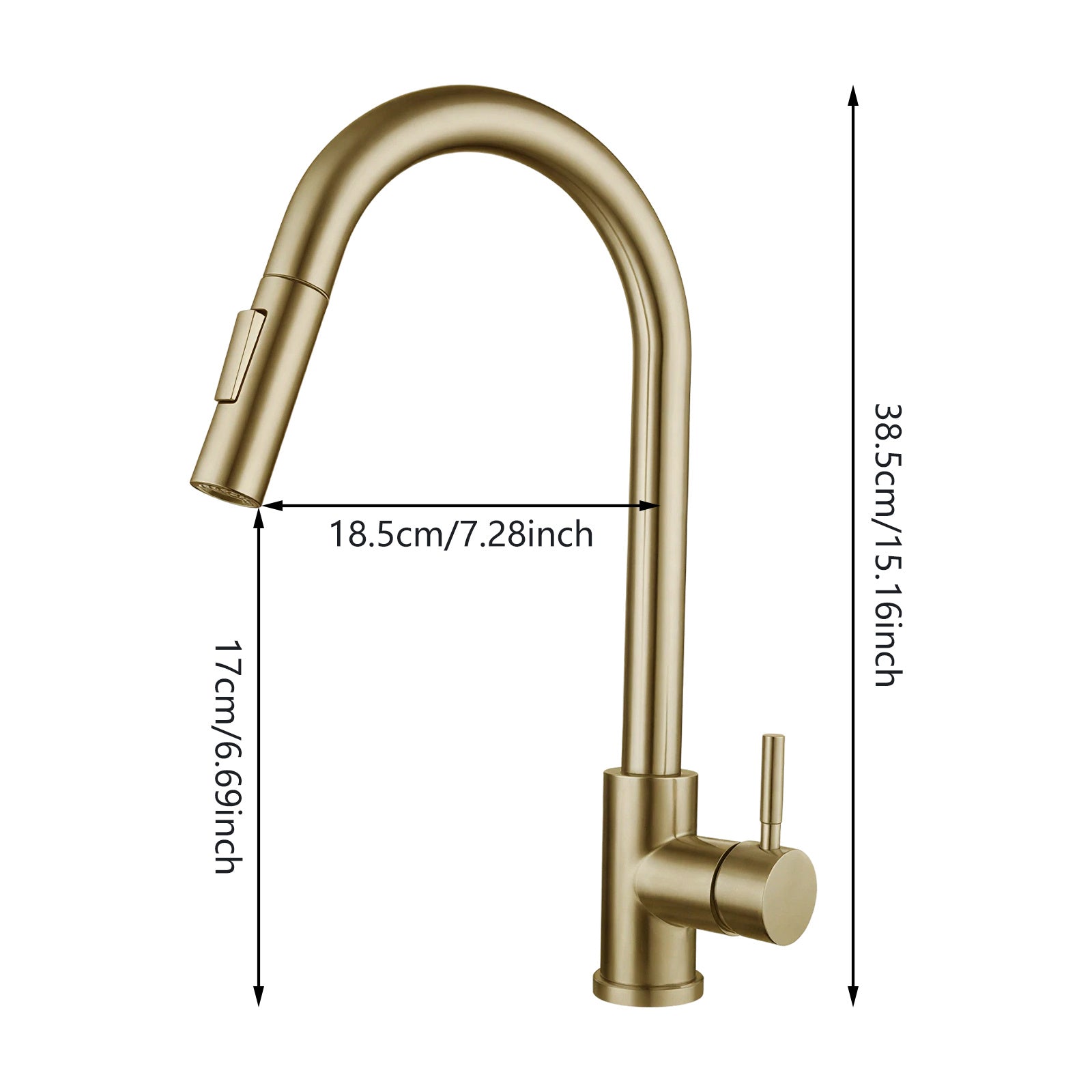 Robinet de cuisine col de cygne doré brossé à douchette extractible et double jet — vue 4