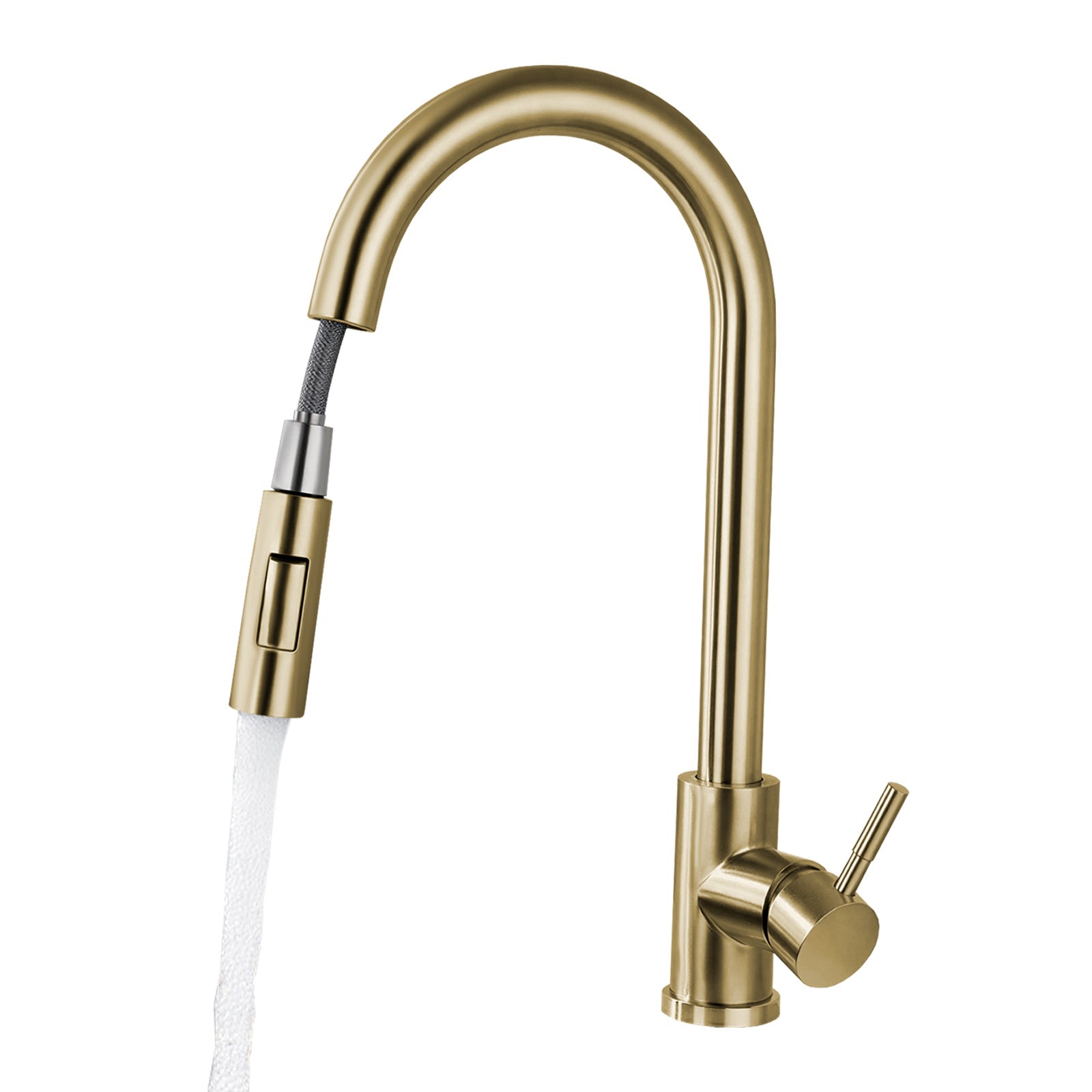 Robinet de cuisine col de cygne doré brossé à douchette extractible et double jet — vue 7