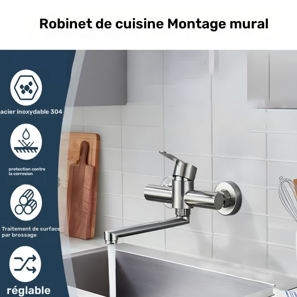 Robinet de cuisine mural à bec long pivotant, noir ou inox — vue 12
