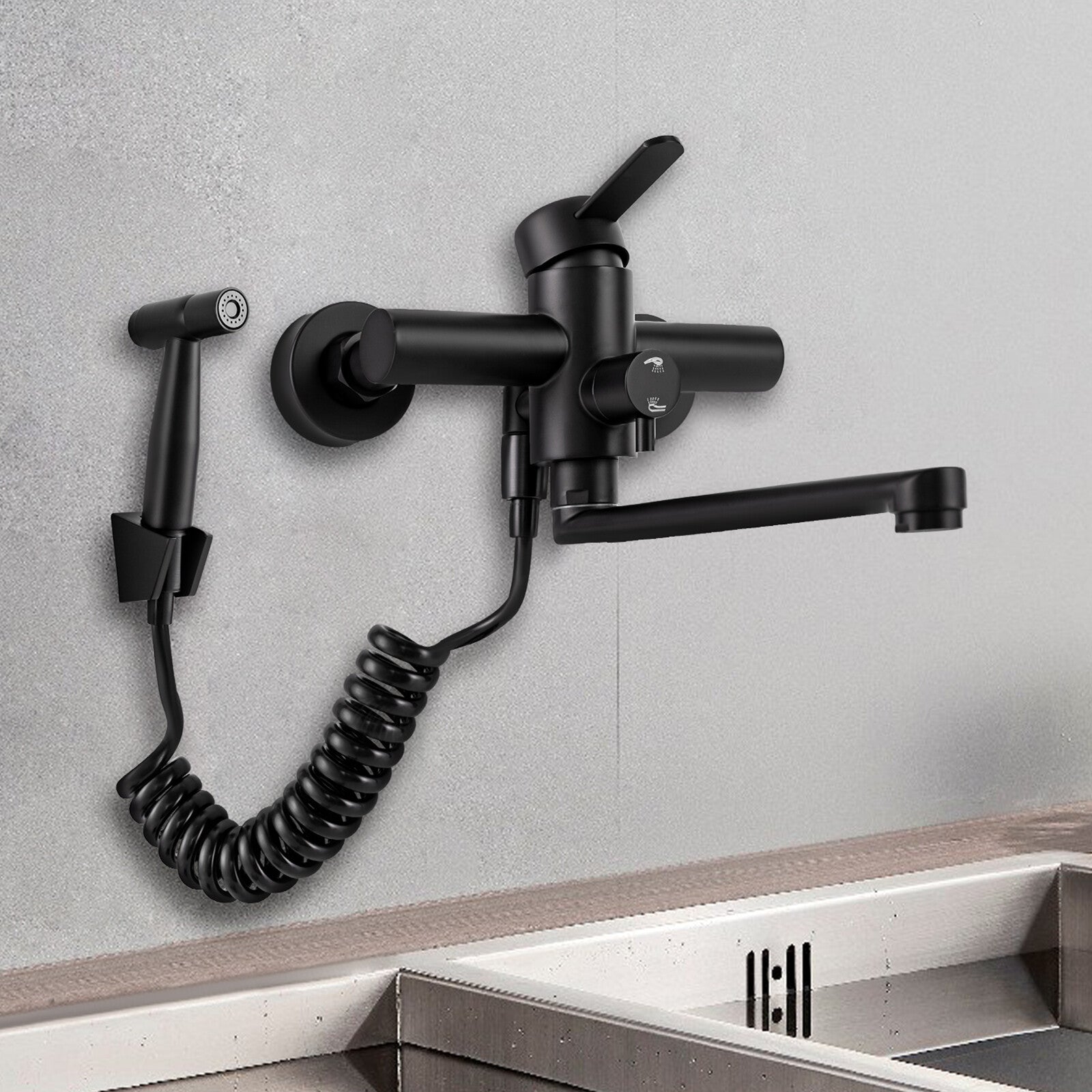 Robinet de cuisine mural noir avec bec long de 29 cm et douchette