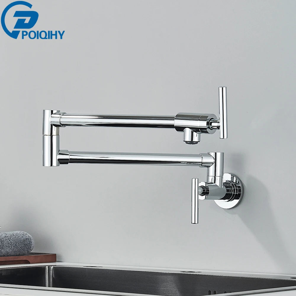 Robinet de cuisine mural pliant eau froide, doré, inox ou chromé — Chromé, bras rond