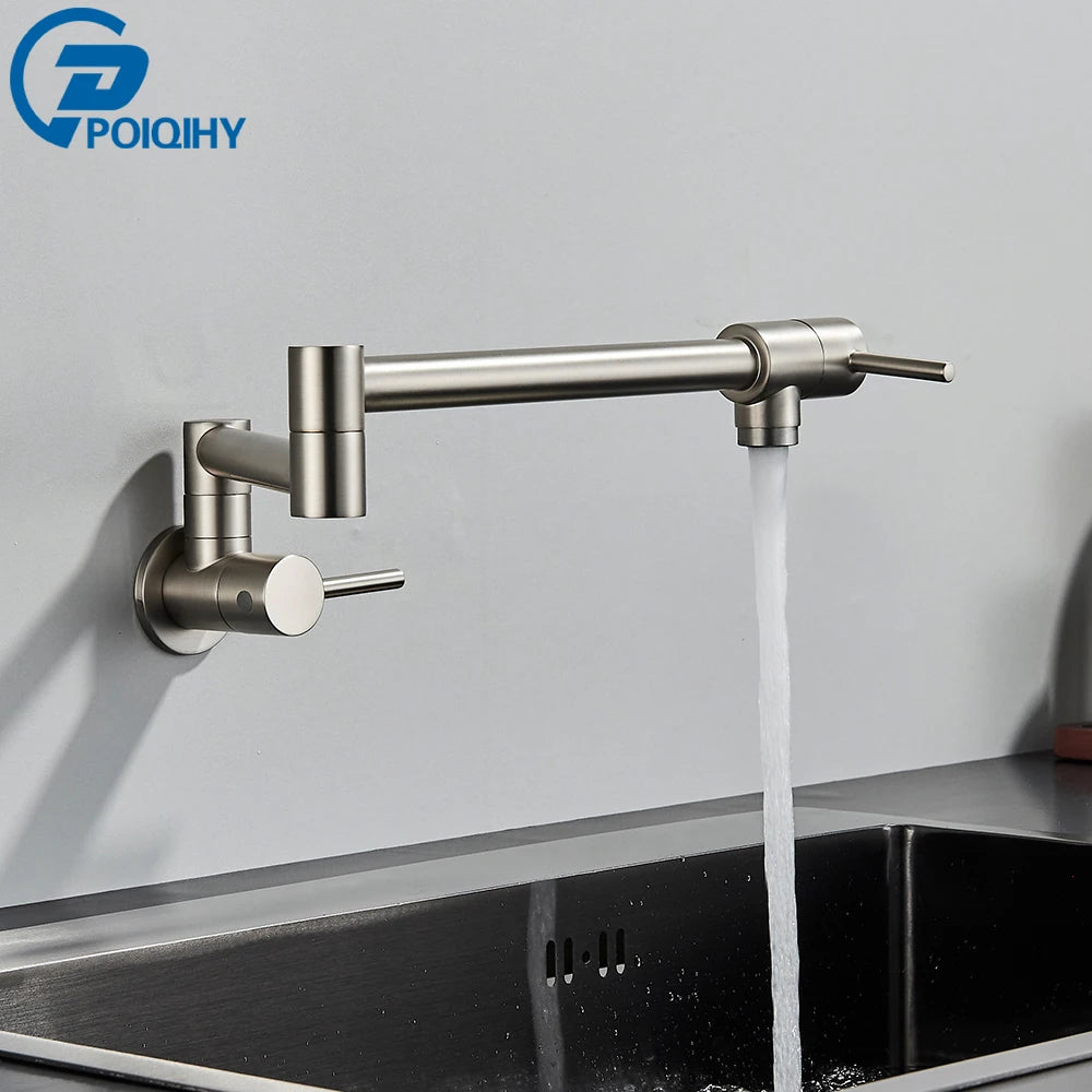 Robinet de cuisine mural pliant eau froide, doré, inox ou chromé — Nickel brossé