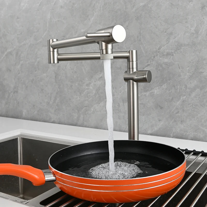 Robinet de cuisine mural pliant surélevé pour remplir une casserole — Nickel brossé (2)