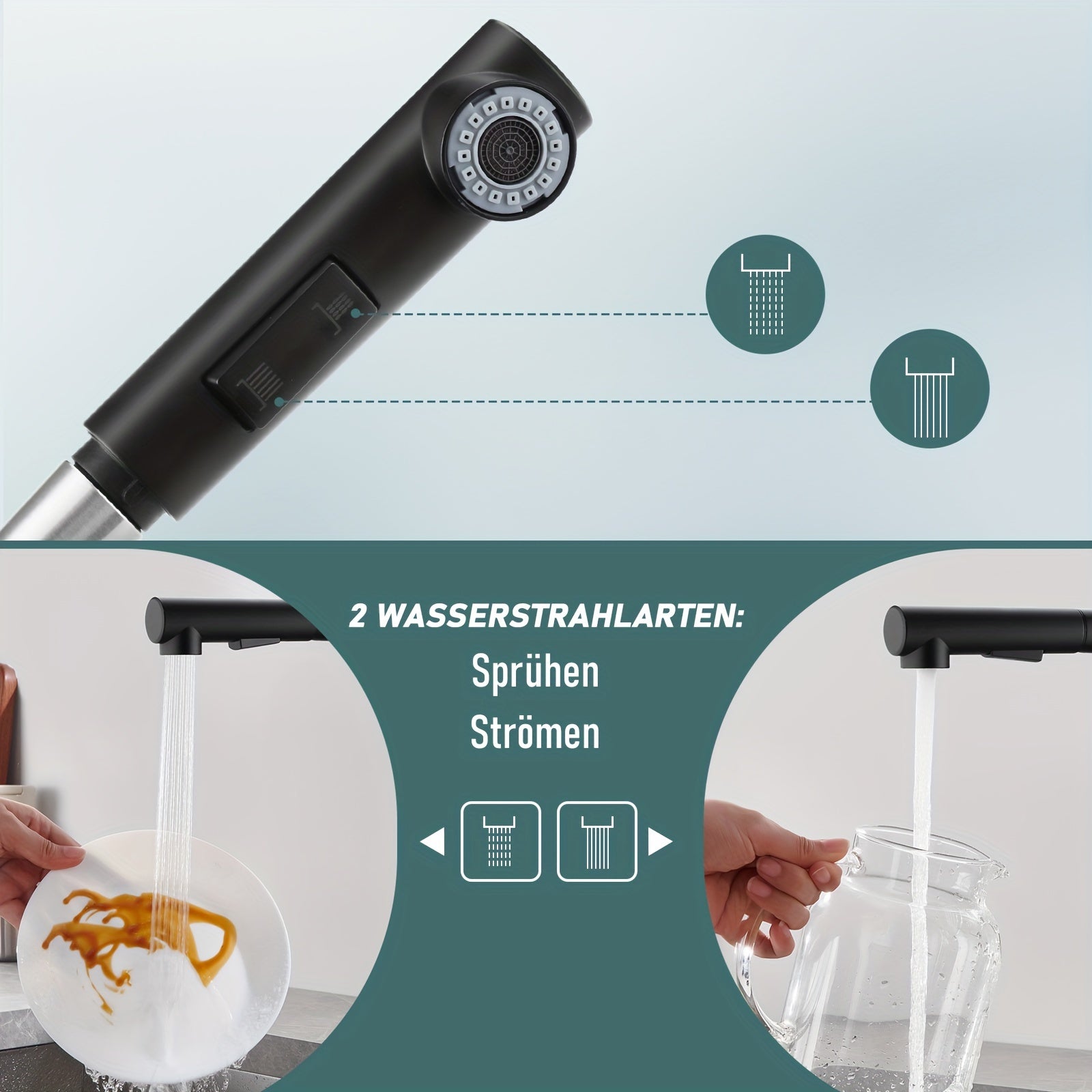 Robinet de cuisine noir à bec équerre avec douchette extractible deux jets — vue 4