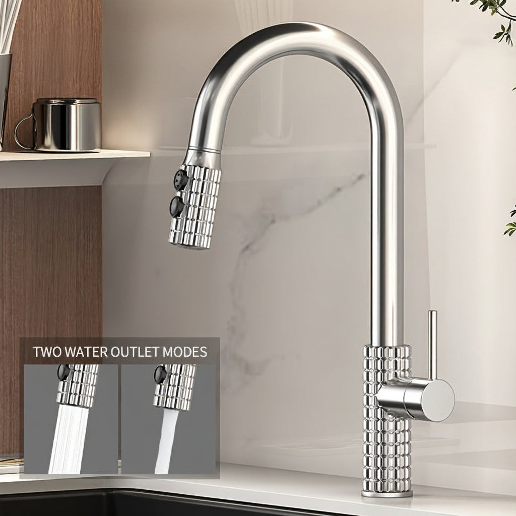 Robinet de cuisine strié à douchette extractible et deux modes de jet — Chrome